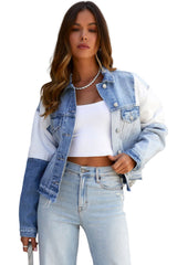 Sky Blue Color Block Denim Patchwork Frayed Hem Jacket Denim Jackets JT's Designer Fashion