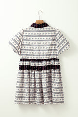 Black Boho Floral Striped Contrast Trim Bubble Sleeve Flared Dress Floral Dresses JT's Designer Fashion