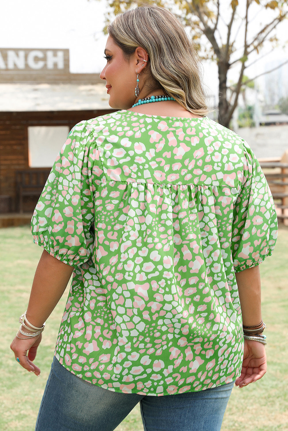 Green Plus Size Floral Tassel Tie Split Neck Puff Sleeve Blouse Plus Size Blouses & Shirts JT's Designer Fashion