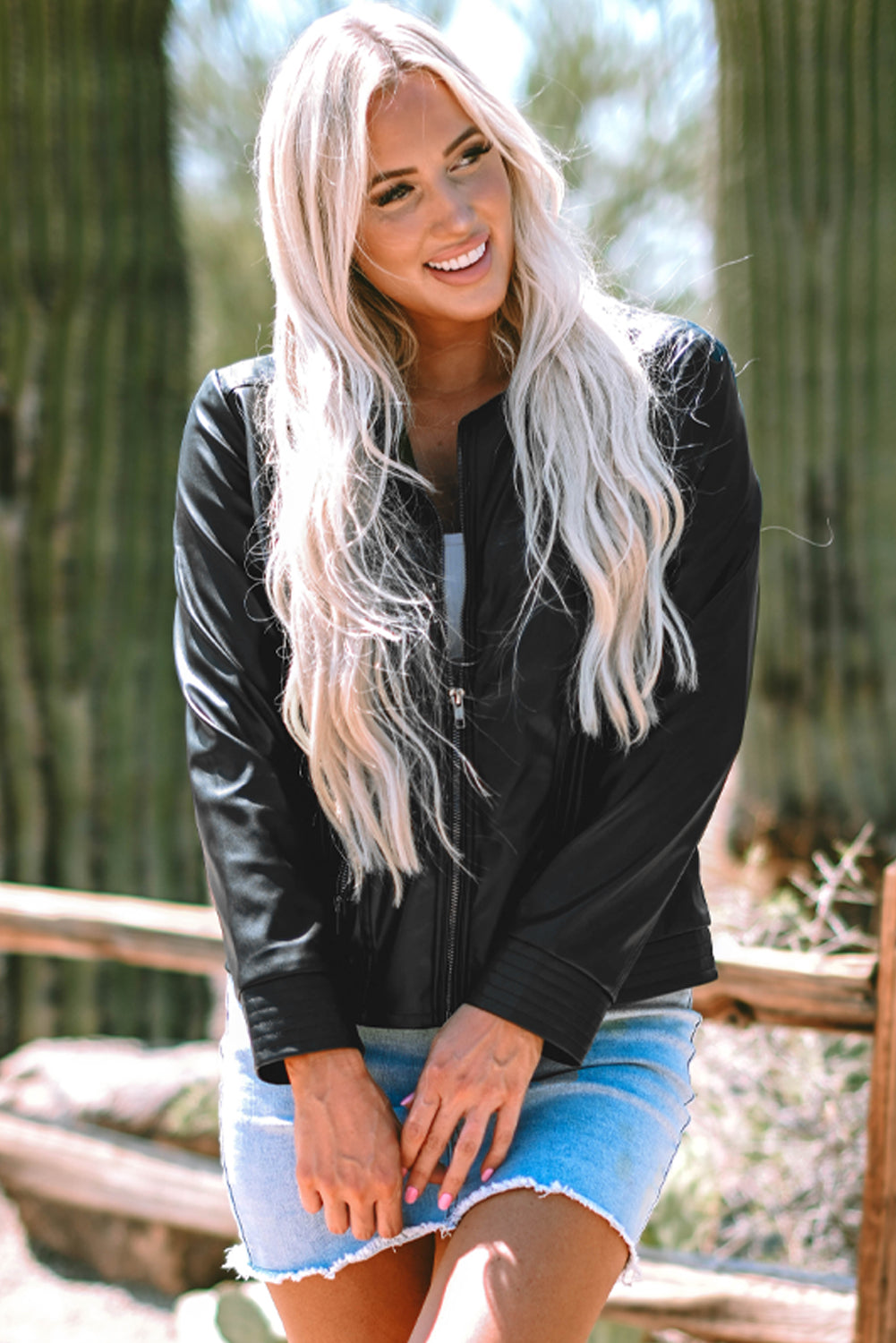 Black Solid Faux Leather Zipper Slim Fit Bomber Jacket Jackets JT's Designer Fashion