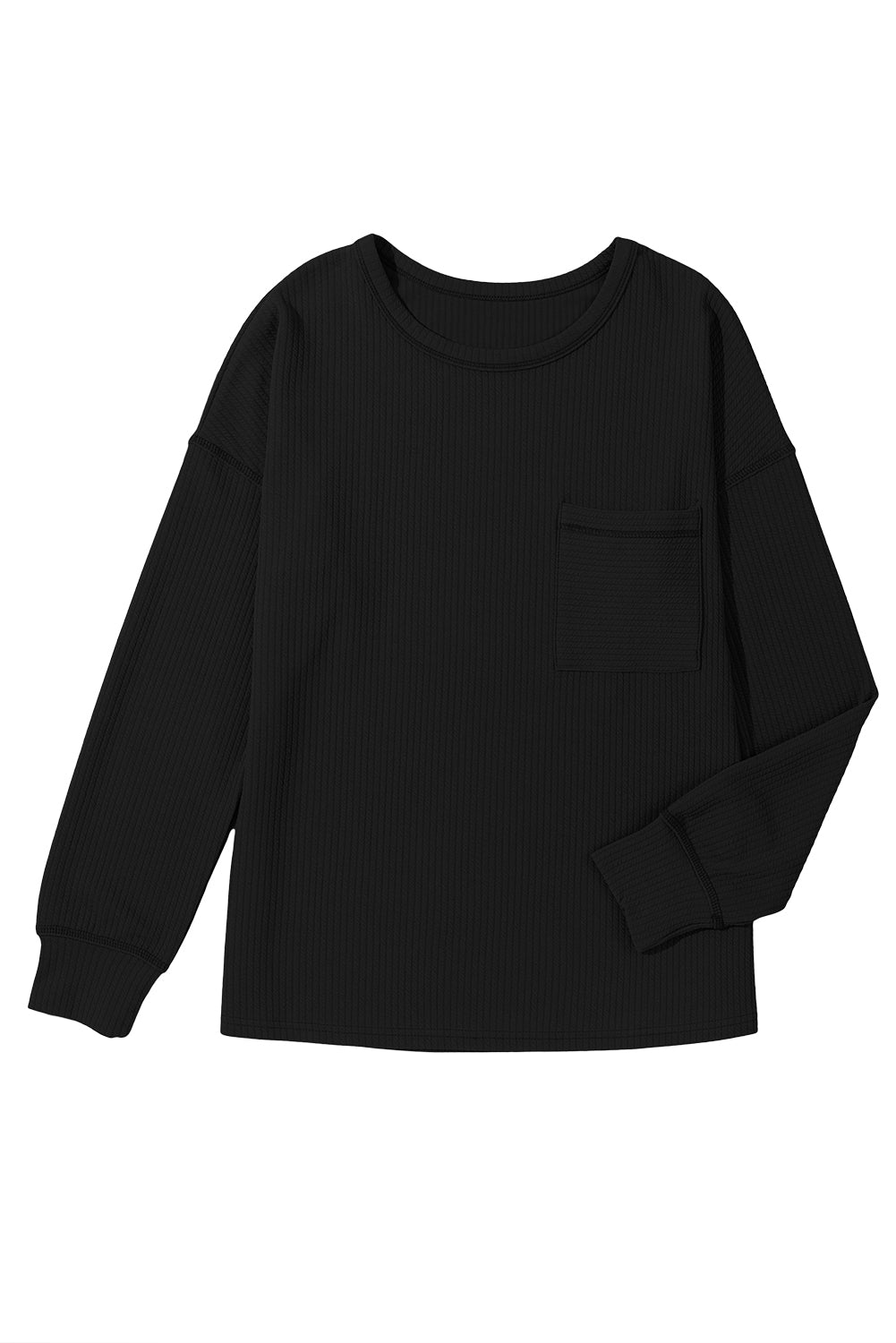 Black Solid Color Corded Drop Shoulder Long Sleeve Top Long Sleeve Tops JT's Designer Fashion
