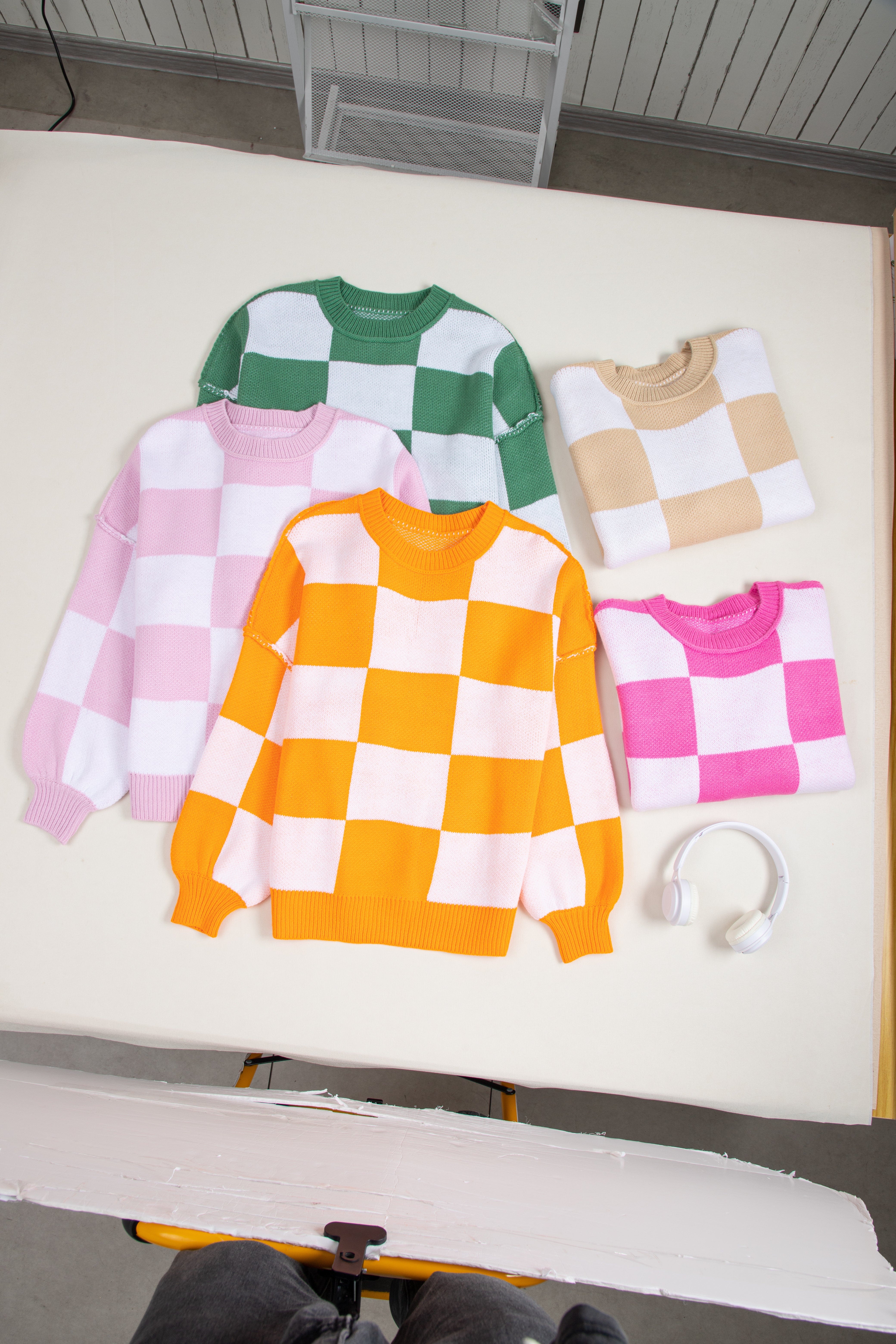 Pink Checkered Bishop Sleeve Sweater Sweaters JT's Designer Fashion