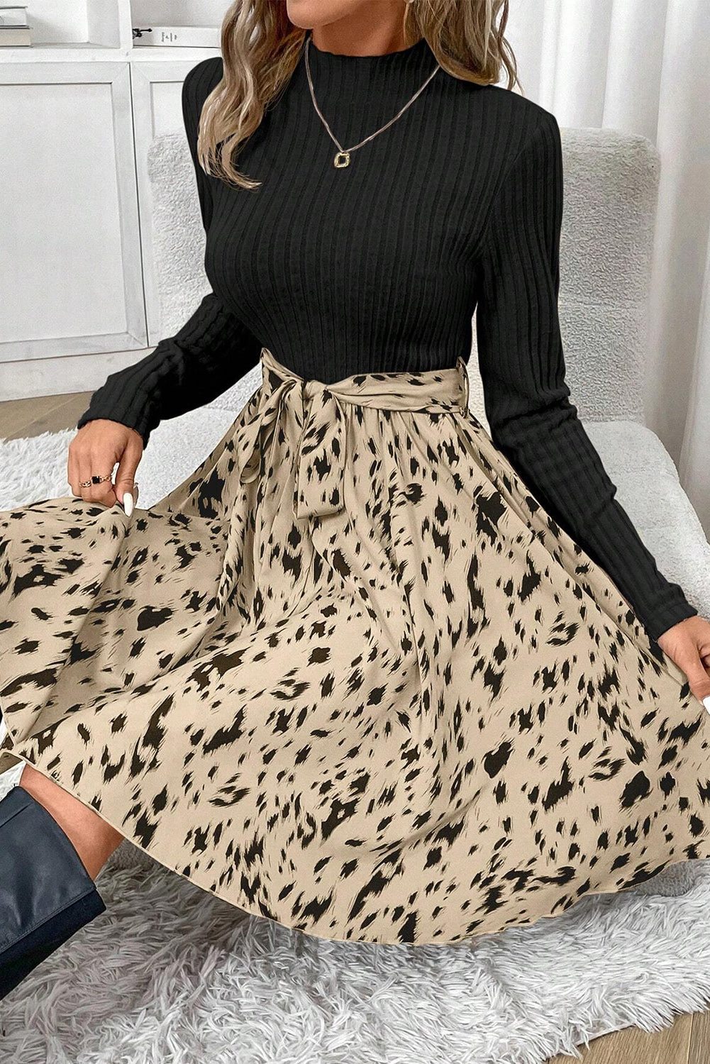 Black Ribbed Knit Patchwork Printed Belted A-line Dress Mini Dresses JT's Designer Fashion