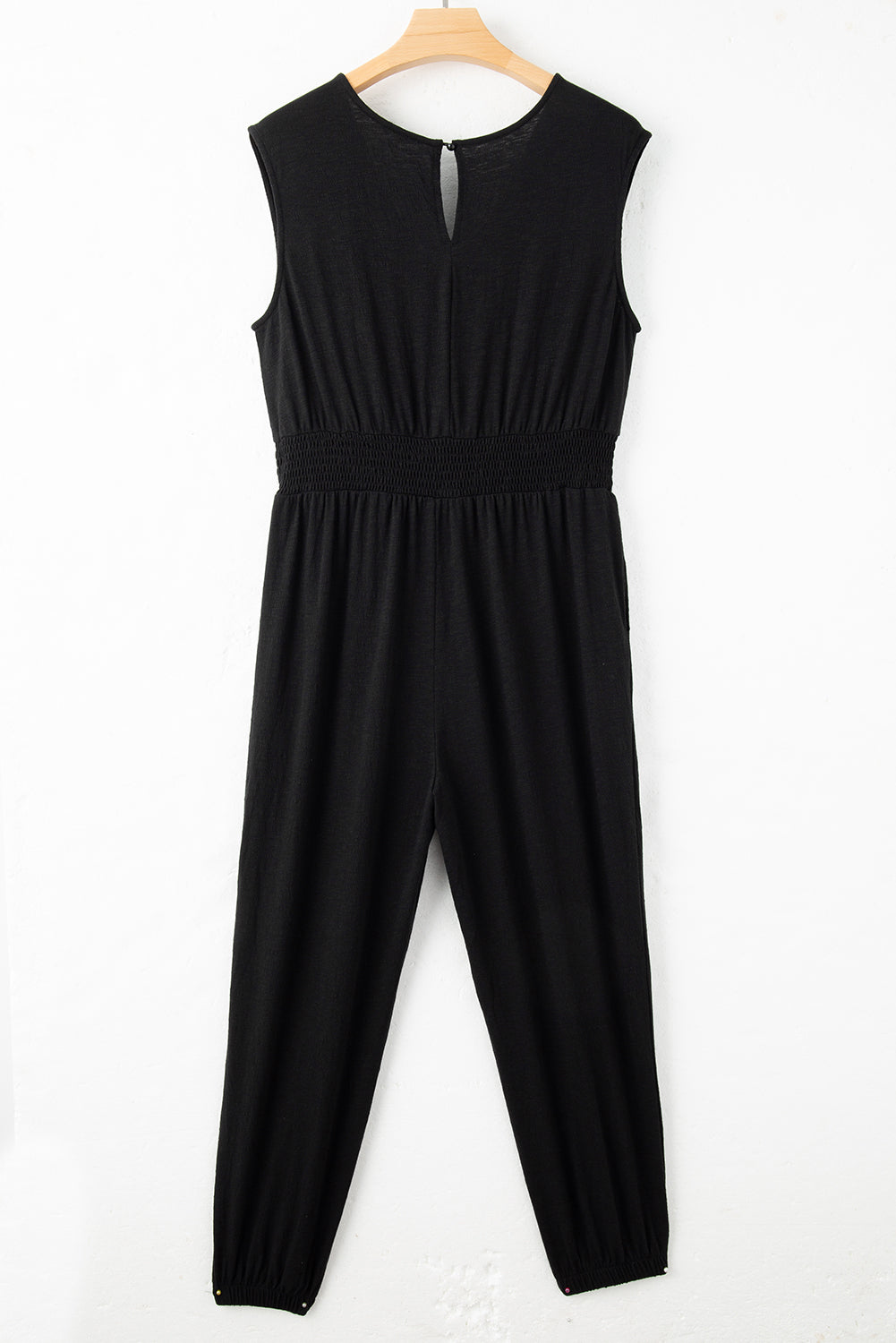Black Plus Smocked High Waist Sleeveless V Neck Jumpsuit Plus Size Bottoms JT's Designer Fashion