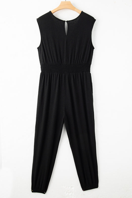 Black Plus Smocked High Waist Sleeveless V Neck Jumpsuit Plus Size Bottoms JT's Designer Fashion