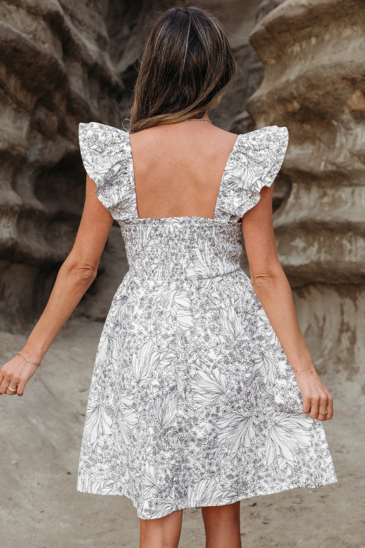 White Floral Print Pipping Trim Flutter Sleeve Mini Dress Floral Dresses JT's Designer Fashion