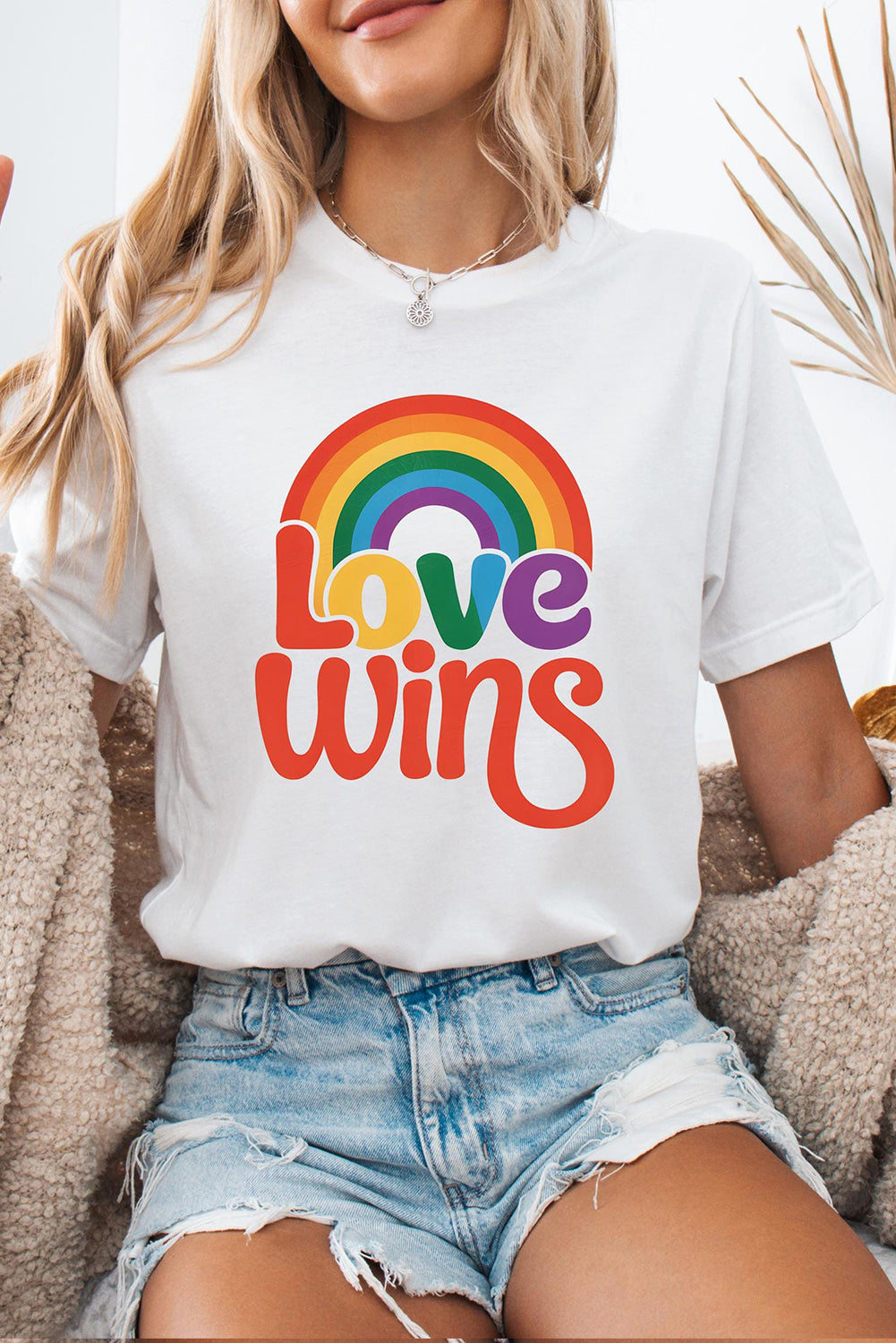White Love Wins Pride Rainbow Graphic Casual T Shirt Graphic Tees JT's Designer Fashion