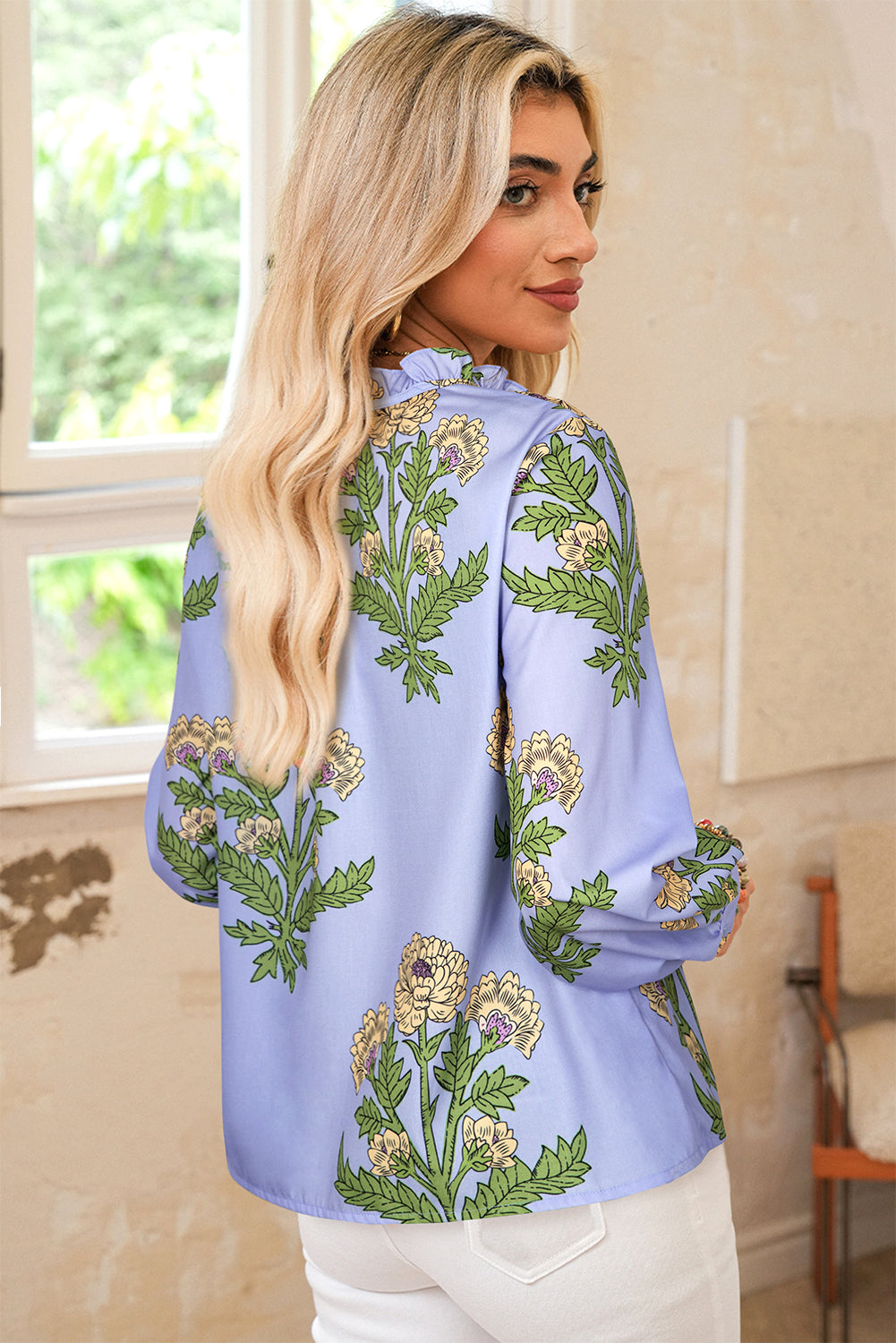 Sky Blue Floral Print Button Tie Neck Long Puff Sleeve Blouse Blouses & Shirts JT's Designer Fashion
