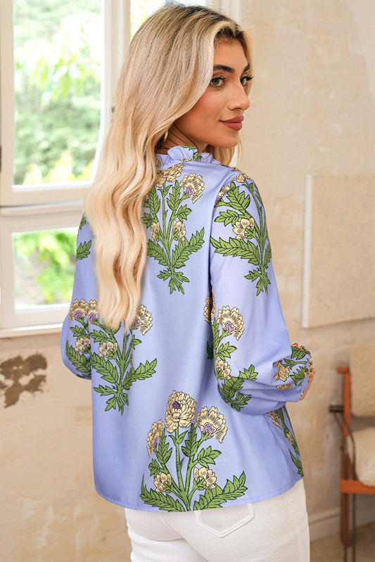 Sky Blue Floral Print Button Tie Neck Long Puff Sleeve Blouse Blouses & Shirts JT's Designer Fashion