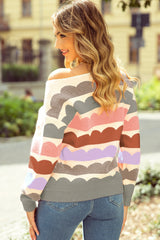 Gray Wave Striped Balloon Sleeve Drop Shoulder Sweater Sweaters JT's Designer Fashion