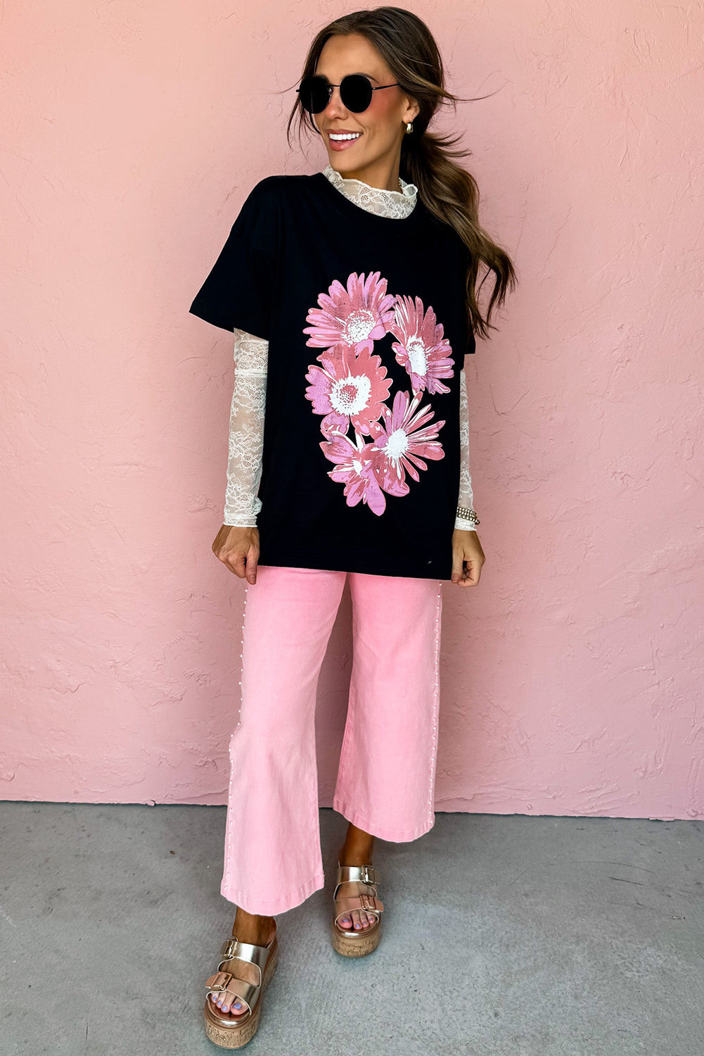 Black Pink Daisy Flower Printed Cotton Blend T Shirt Graphic Tees JT's Designer Fashion