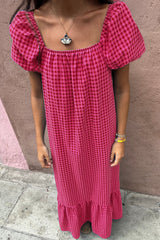 Rose Ginham Check Bubble Sleeve Ruffled Long Dress Maxi Dresses JT's Designer Fashion