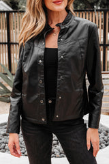 Black Faux Leather Buttoned Front Boxy Jacket Jackets JT's Designer Fashion
