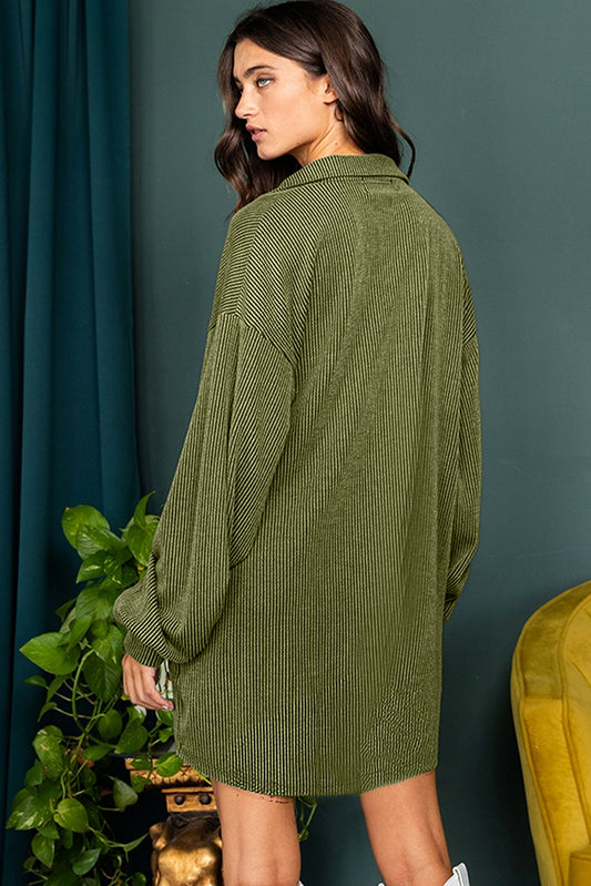 Moss Green Corded Buttons Placket Drop Shoulder Collared Shift Dress Mini Dresses JT's Designer Fashion