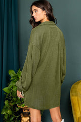 Moss Green Corded Buttons Placket Drop Shoulder Collared Shift Dress Mini Dresses JT's Designer Fashion