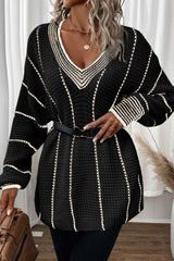 Black Colorblock Striped V Neck Knitted Loose Sweater Sweaters JT's Designer Fashion