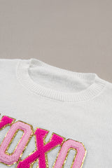 White XOXO Glitter Print Round Neck Casual Sweater Sweaters JT's Designer Fashion