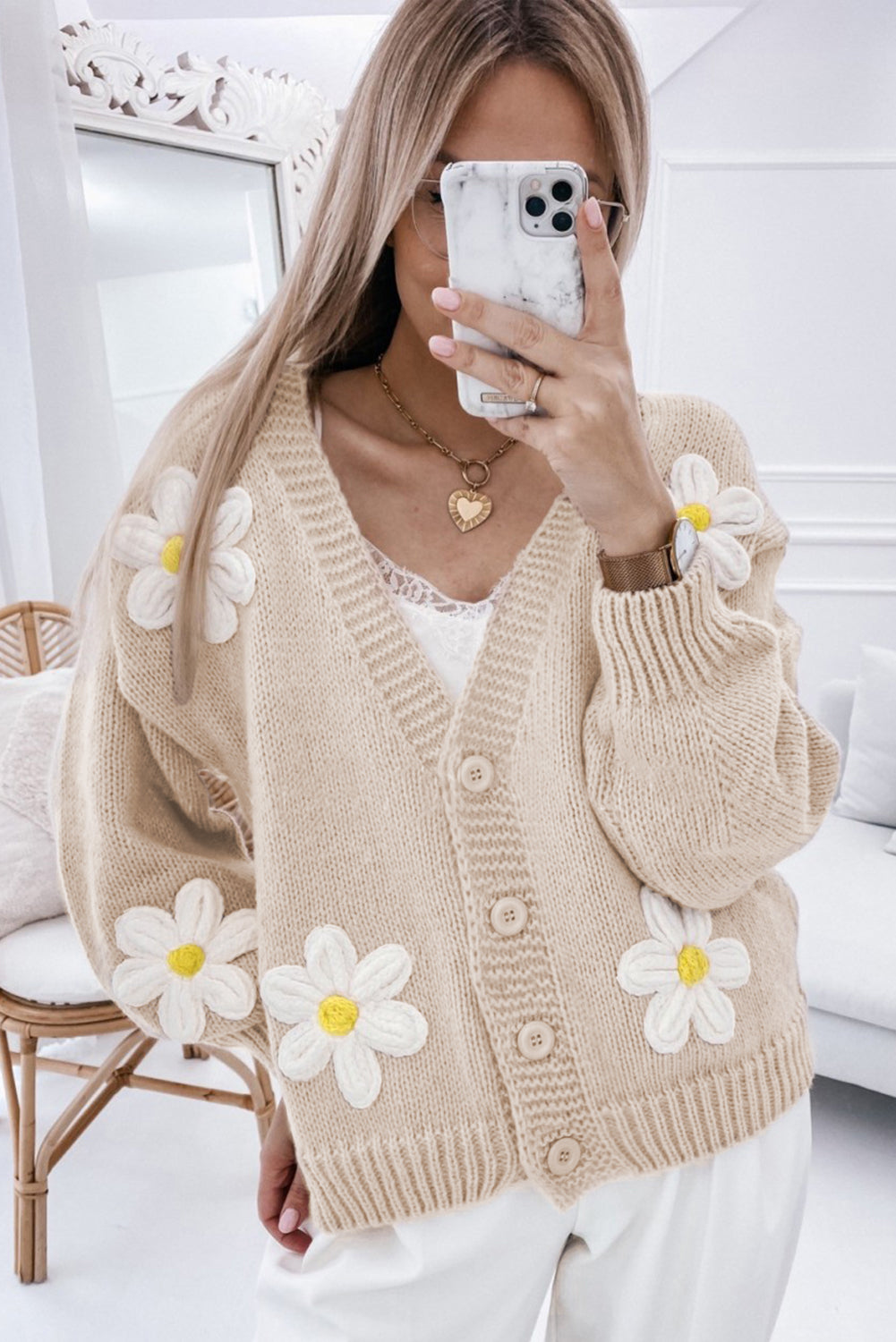 Parchment Elegant Flower Decor Button Front Cardigan Cardigans JT's Designer Fashion