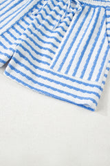 Sky Blue Stripe Knitted Short Sleeve Top and Drawstring Shorts Set Short Sets JT's Designer Fashion