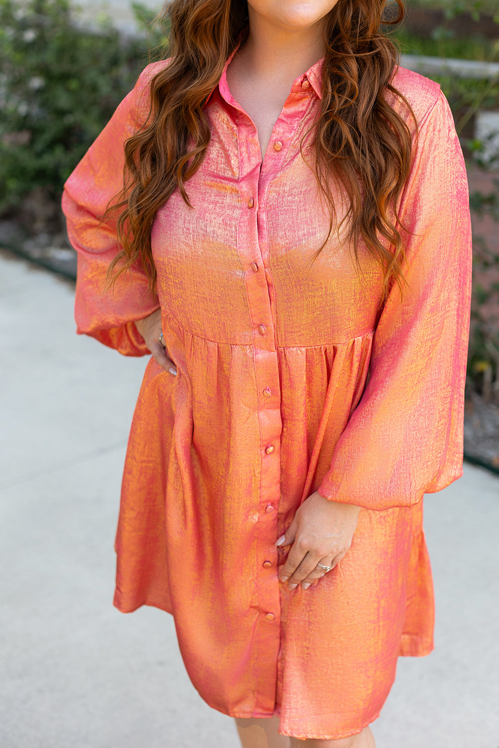 Peach Blossom Metallic Balloon Sleeve Shirt Plus Size Mini Dress Plus Size Mini Dresses JT's Designer Fashion
