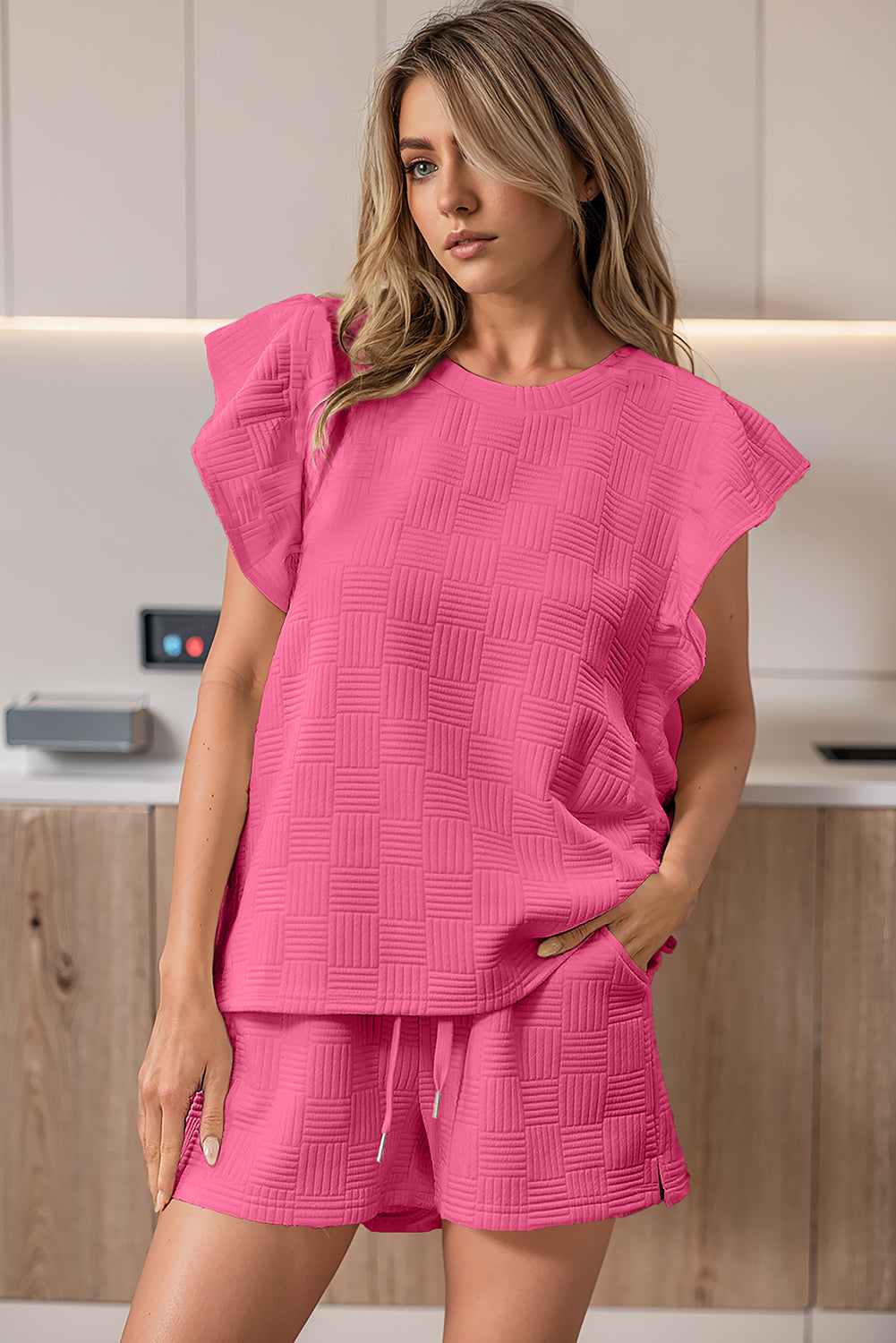 Bonbon Textured Ruffled Sleeve Tee and Drawstring Elastic Waistband Shorts Set Short Sets JT's Designer Fashion