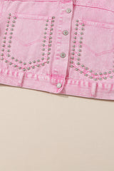 Pink Rivet Studded Pocketed Denim Jacket Denim Jackets JT's Designer Fashion