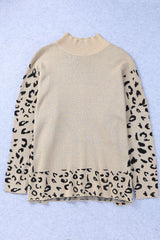 Khaki Leopard High Neck Side Slit Oversized Sweater Sweaters & Cardigans JT's Designer Fashion