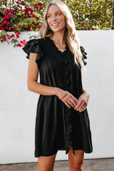 Black Ruffle Sleeve V Neck Frilled Shift Dress Mini Dresses JT's Designer Fashion