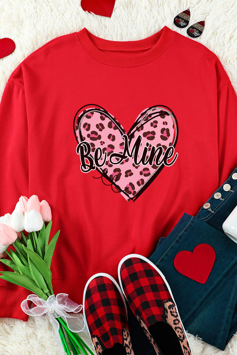 Red Be mine Leopard Heart Printed Valentines Sweatshirt Graphic Sweatshirts JT's Designer Fashion