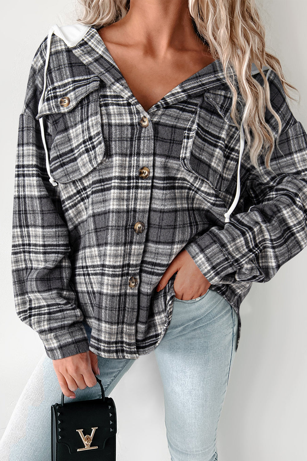 Black Plaid Print Flap Pockets Contrast Hooded Loose Shacket Black 100%Polyester Plaid Shackets JT's Designer Fashion