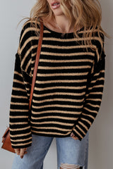 Black Stripe Drop Shoulder Round Neck Loose Sweater Black Stripe 100%Polyester Sweaters JT's Designer Fashion