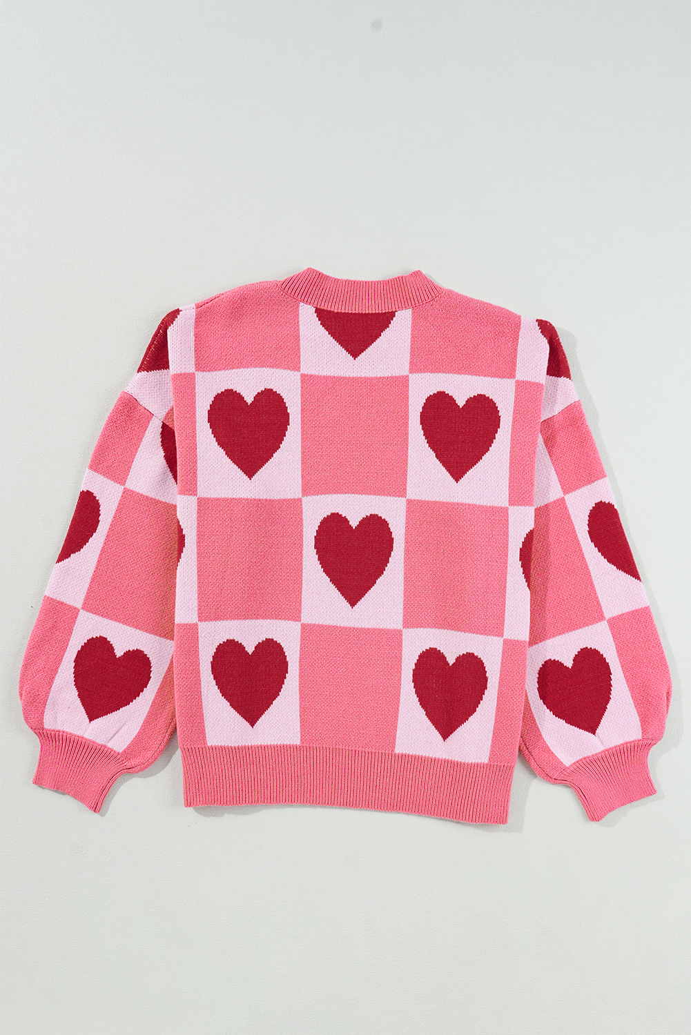 Pink Plus Size Love Heart Block Mock Neck Lantern Sleeve Valentine Sweater Plus Size Sweaters & Cardigans JT's Designer Fashion