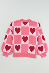 Pink Plus Size Love Heart Block Mock Neck Lantern Sleeve Valentine Sweater Plus Size Sweaters & Cardigans JT's Designer Fashion