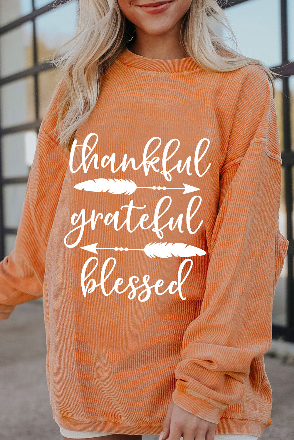 Orange thankful grateful blessed Arrow Graphic Corded Sweatshirt Graphic Sweatshirts JT's Designer Fashion