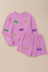 Phalaenopsis Bowknot Patched Pattern Corded Long Sleeve Top and Shorts Outfit Graphic Sets JT's Designer Fashion