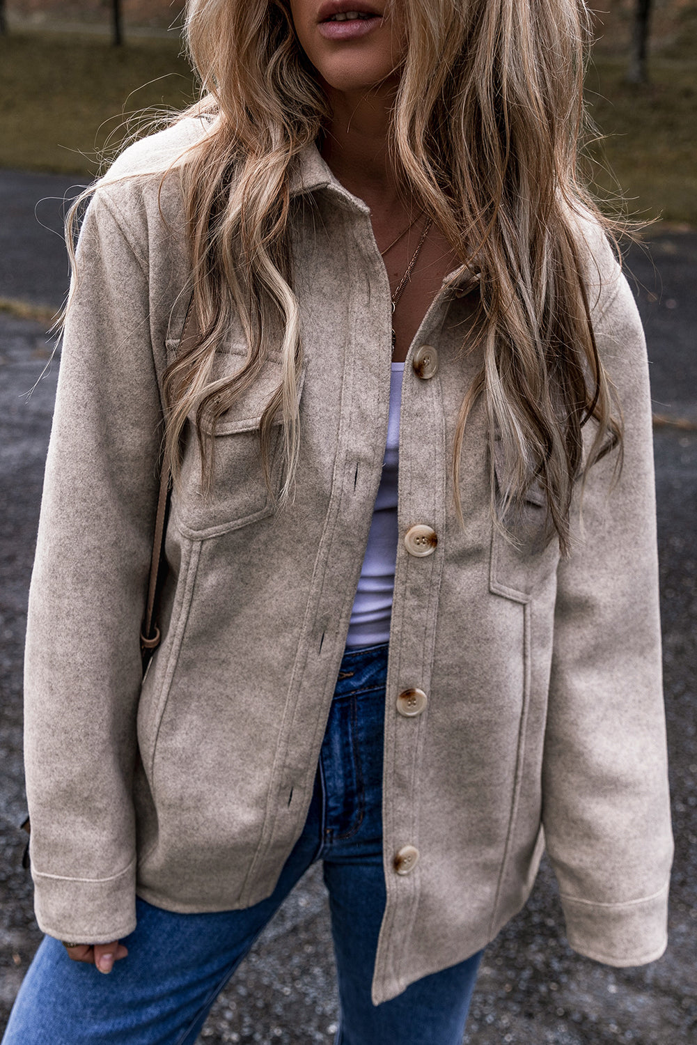 Light Grey Turn Down Collar Flap Pockets Buttoned Shacket Jackets JT's Designer Fashion