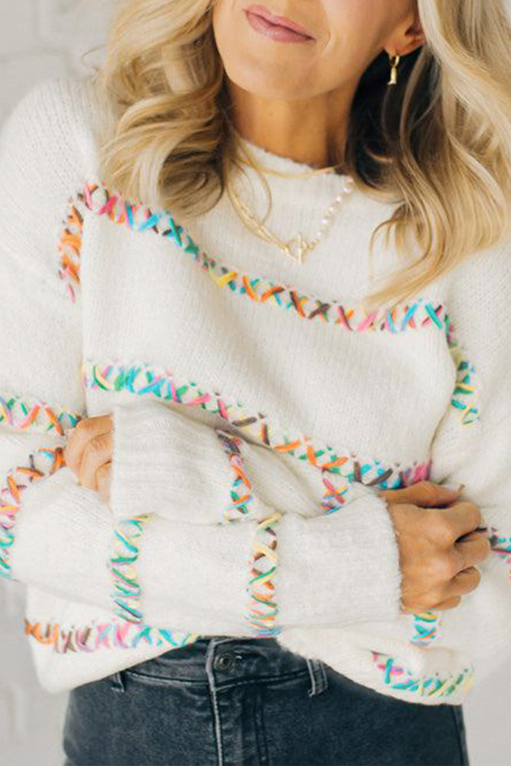 White Colorful Crossed Stitch Drop Shoulder Sweater Sweaters JT's Designer Fashion