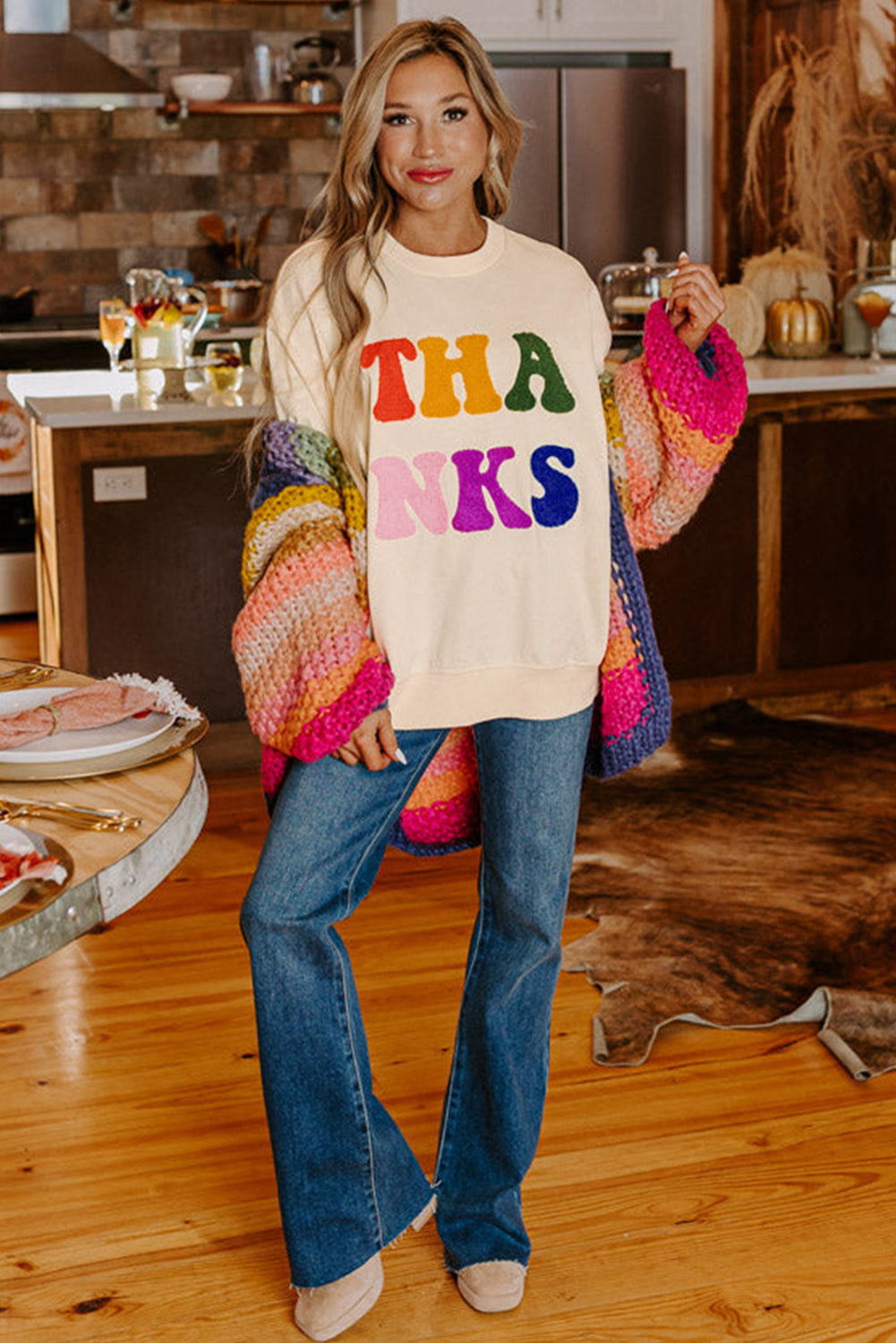 Apricot THANKS Chenille Embroidered Drop Shoulder Graphic Sweatshirt Sweatshirts & Hoodies JT's Designer Fashion
