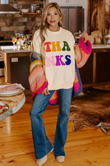 Apricot THANKS Chenille Embroidered Drop Shoulder Graphic Sweatshirt Sweatshirts & Hoodies JT's Designer Fashion