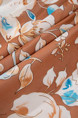 Brown Floral Print Shirred Square Neck High Waist Long Dress Maxi Dresses JT's Designer Fashion