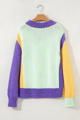 Green Stitched V Neck Color Block Knitted Drop Shoulder Sweater Sweaters JT's Designer Fashion