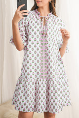 Pink Floral Print Bubble Sleeve Neck Tie Ruffled Dress Floral Dresses JT's Designer Fashion