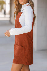 Cinnamon Solid Front Pockets Sleeveless Corduroy Overall Dress Mini Dresses JT's Designer Fashion