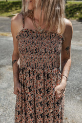 Brown Floral Smocked Bodice High Waist Flowy Sun Dress Floral Dresses JT's Designer Fashion