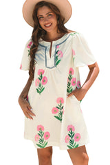 Apricot Floral Short Sleeve Split Neck Loose Mini Dress Floral Dresses JT's Designer Fashion