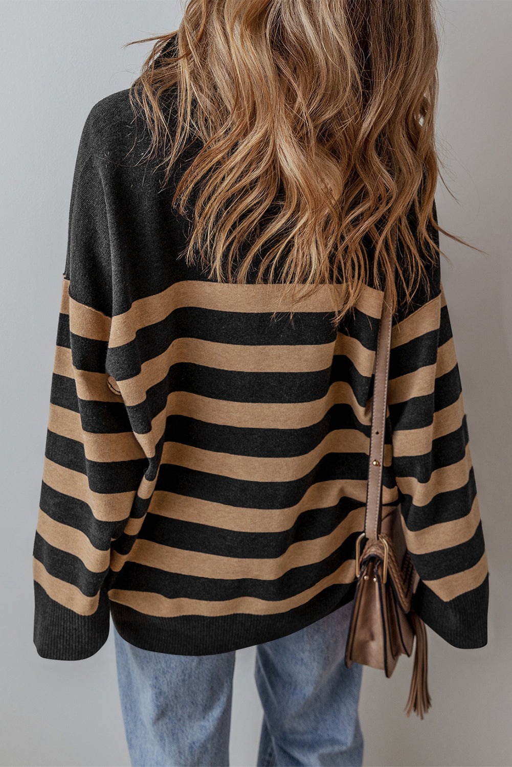 Black Stripe Collared Quarter Zipper Oversized Sweater Sweaters JT's Designer Fashion