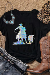 Black Laser Western Cowboy Graphic Crewneck Tee Graphic Tees JT's Designer Fashion