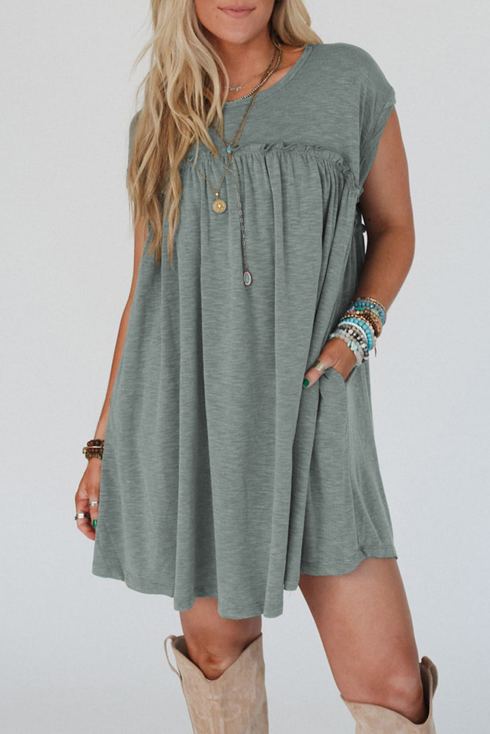 Mist Green Frilled Gathered Seam Round Neck T Shirt Dress T Shirt Dresses JT's Designer Fashion