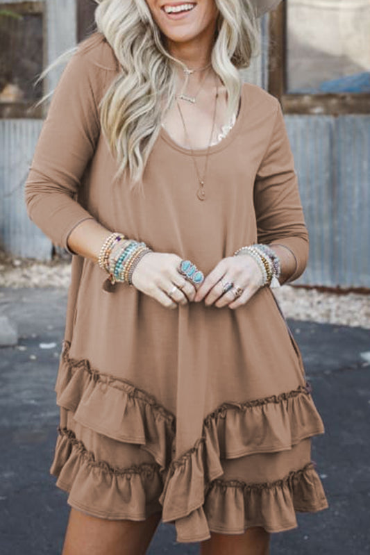 Goat Scoop Neck Tiered Ruffled Hem Long Sleeve Mini Dress Mini Dresses JT's Designer Fashion
