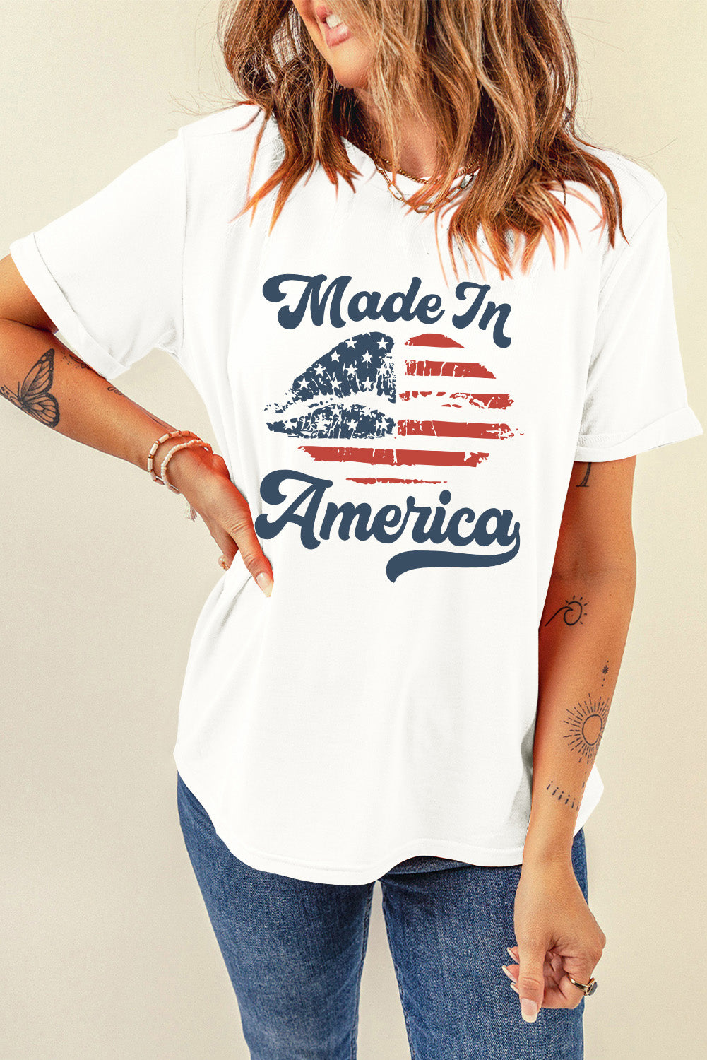 White Made in America Lip Printed O Neck T Shirt Graphic Tees JT's Designer Fashion